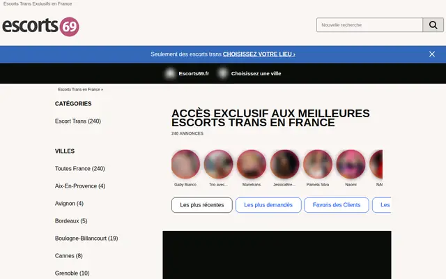 Escorts69 : page d'accueil (capture floutée)