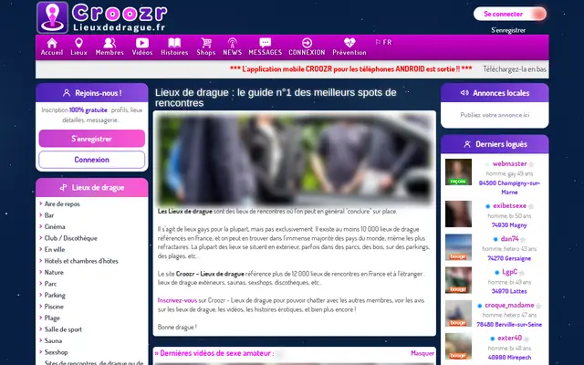 Lieux de drague : page d'accueil (capture floutée)