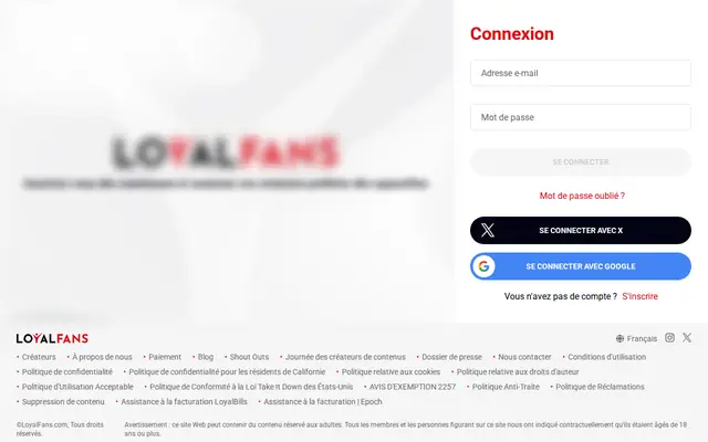 LoyalFans : page d'accueil (capture floutée)