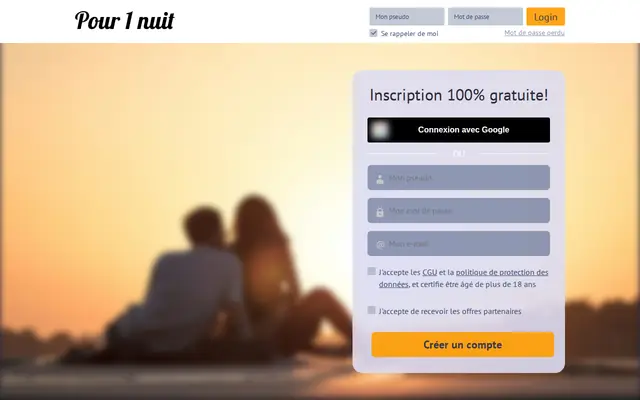 Pour1nuit : page d'accueil (capture floutée)