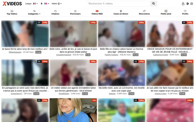 XVideos : page d'accueil (capture floutée)